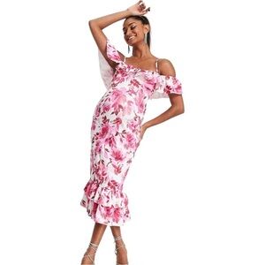 ASOS DESIGN Maternity Ruffle Midi Dress - Pink Floral Print, US Size 12
